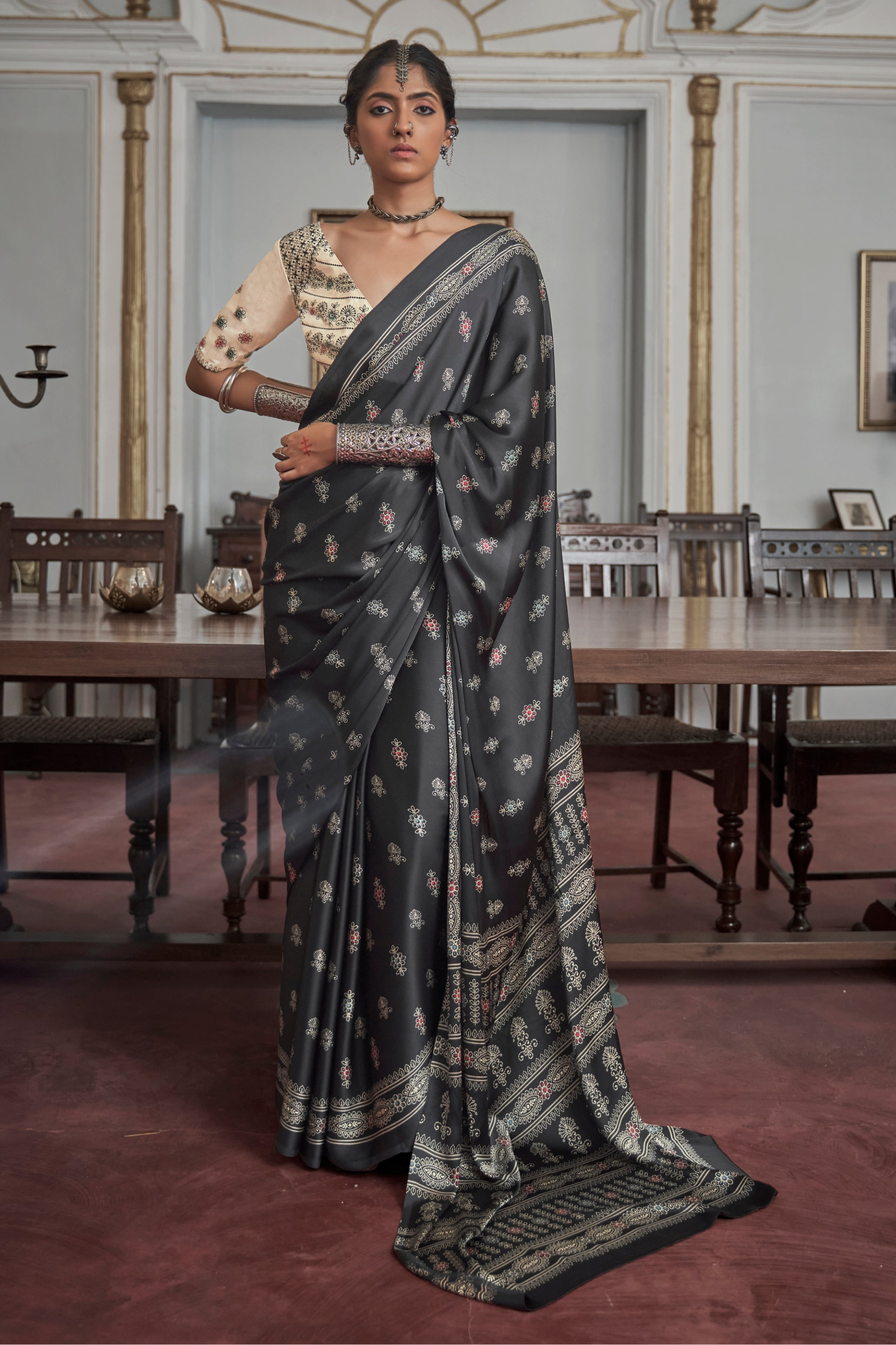 Black Gajji Silk Ajrakh Saree with Contrass embroidery blouse S108