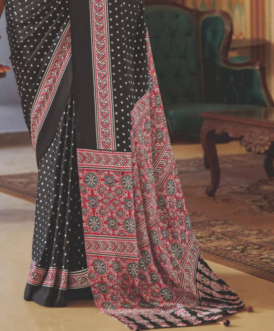 Black Bandhni New Ajrakh Printed Satin Crepe Saree