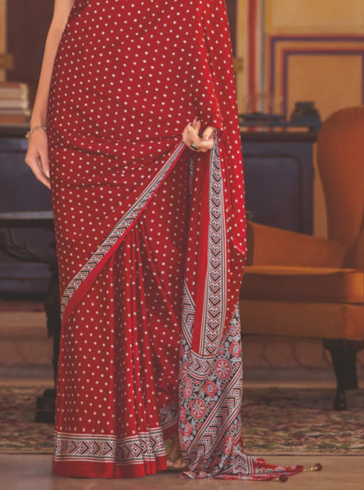 Maroon Bandhni New Ajrakh Printed Satin Crepe Saree