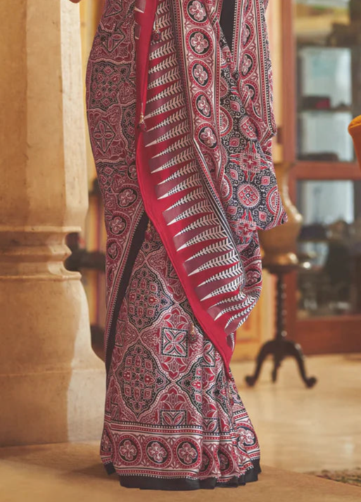 Black and Maroon New Ajrakh Printed Satin Crepe Saree