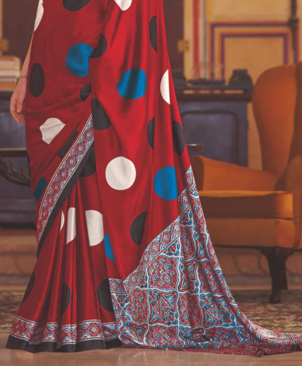 Red New Ajrakh Printed Satin Crepe Saree