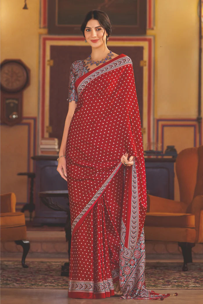 Maroon Bandhni New Ajrakh Printed Satin Crepe Saree