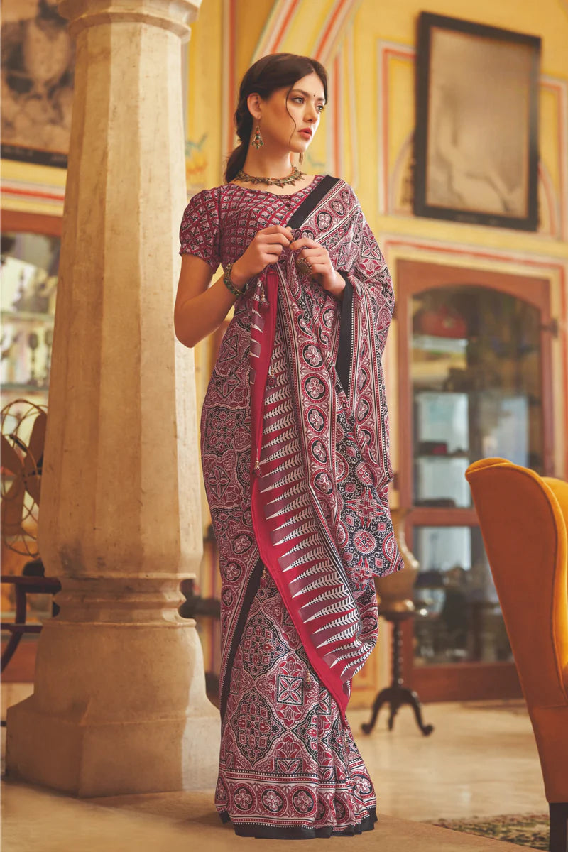 Black and Maroon New Ajrakh Printed Satin Crepe Saree