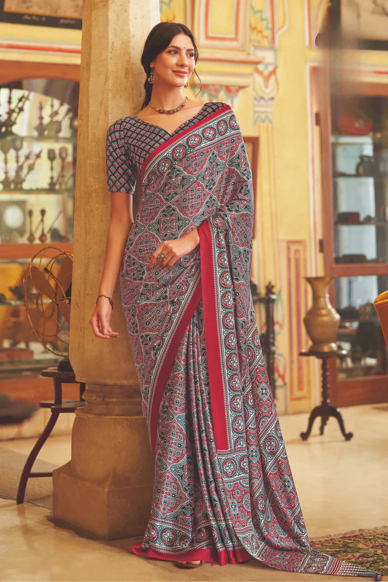 Maroon New Ajrakh Printed Satin Crepe Saree