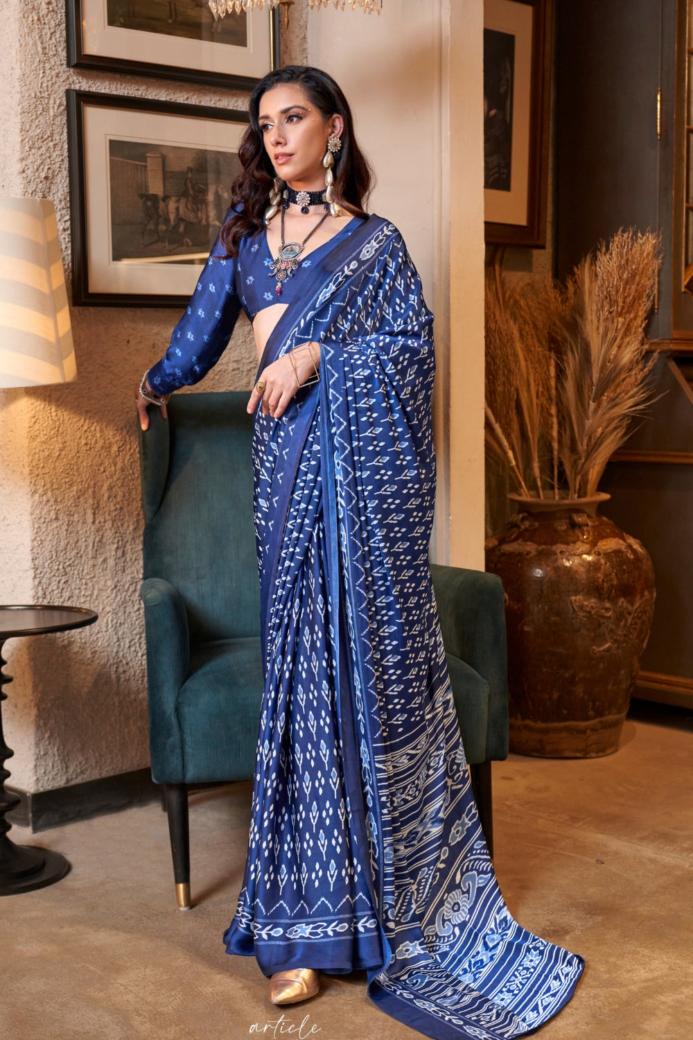 Soft Blue Ajrakh Patola Printed Satin Crepe Saree