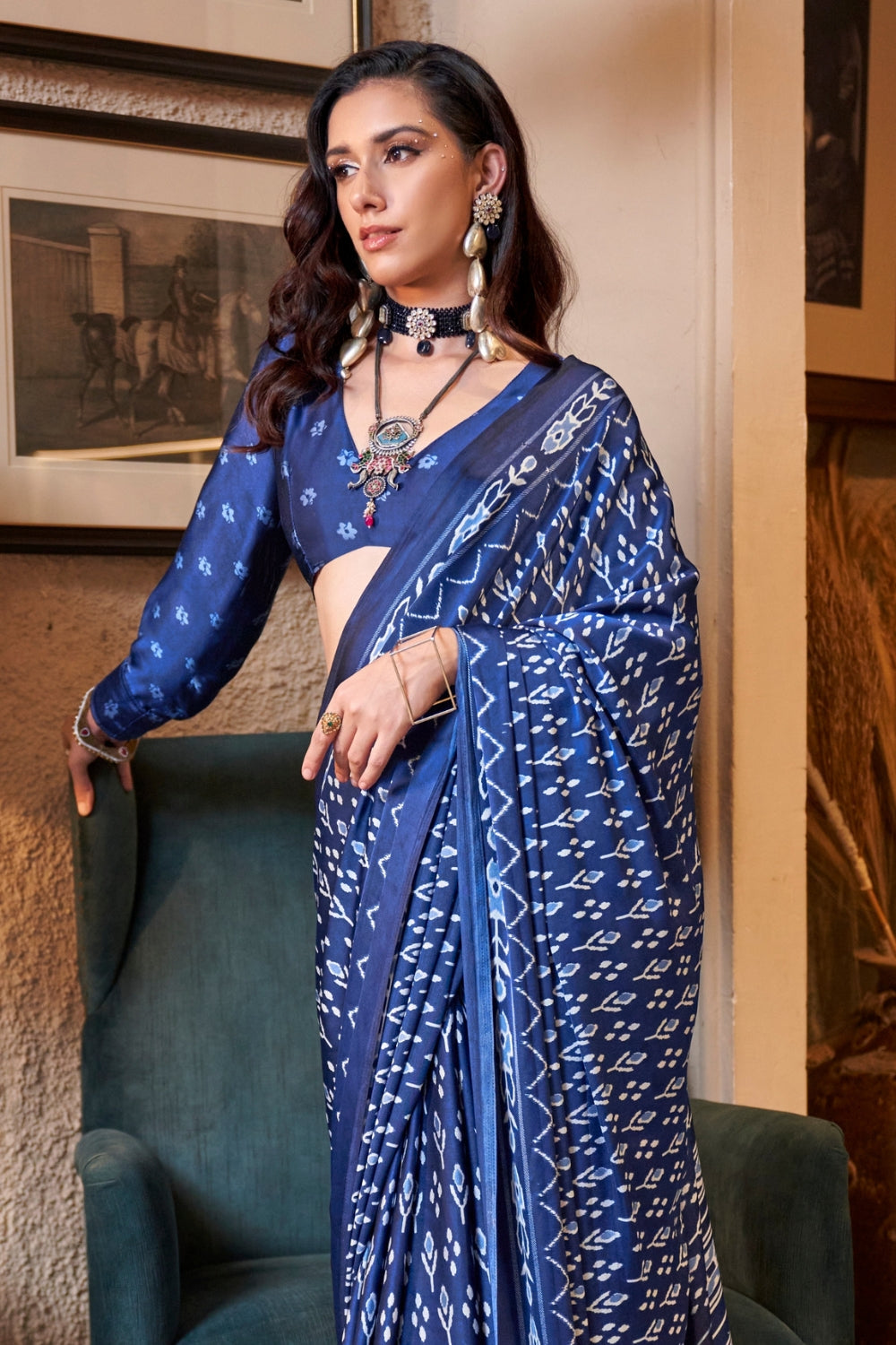 Soft Blue Ajrakh Patola Printed Satin Crepe Saree