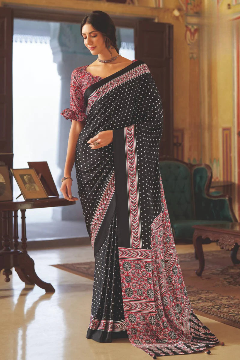 Black Bandhni New Ajrakh Printed Satin Crepe Saree