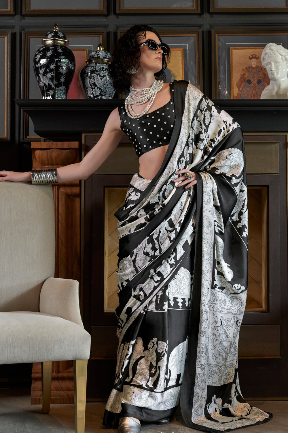 Classic Black and Snow White Patola Ajrakh Patola Printed Satin Crepe Saree