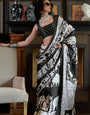 Classic Black and Snow White Patola Ajrakh Patola Printed Satin Crepe Saree