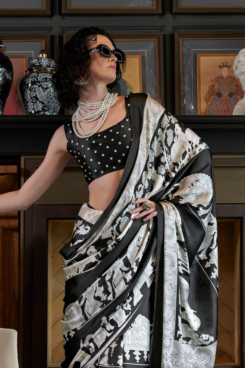 Classic Black and Snow White Patola Ajrakh Patola Printed Satin Crepe Saree