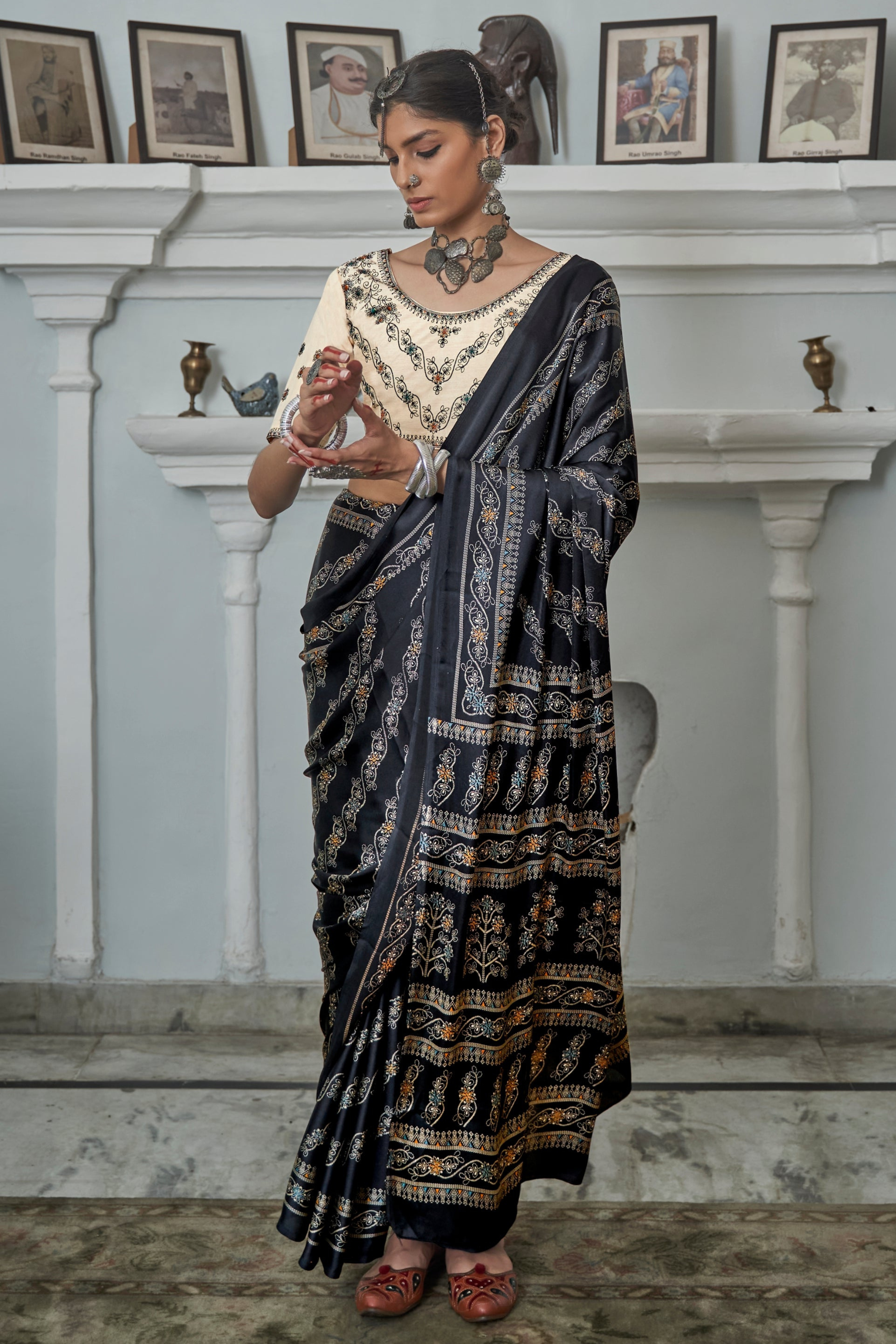 Black Gajji Silk Ajrakh Saree with Contrass embroidery blouse S107