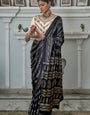 Black Gajji Silk Ajrakh Saree with Contrass embroidery blouse S107