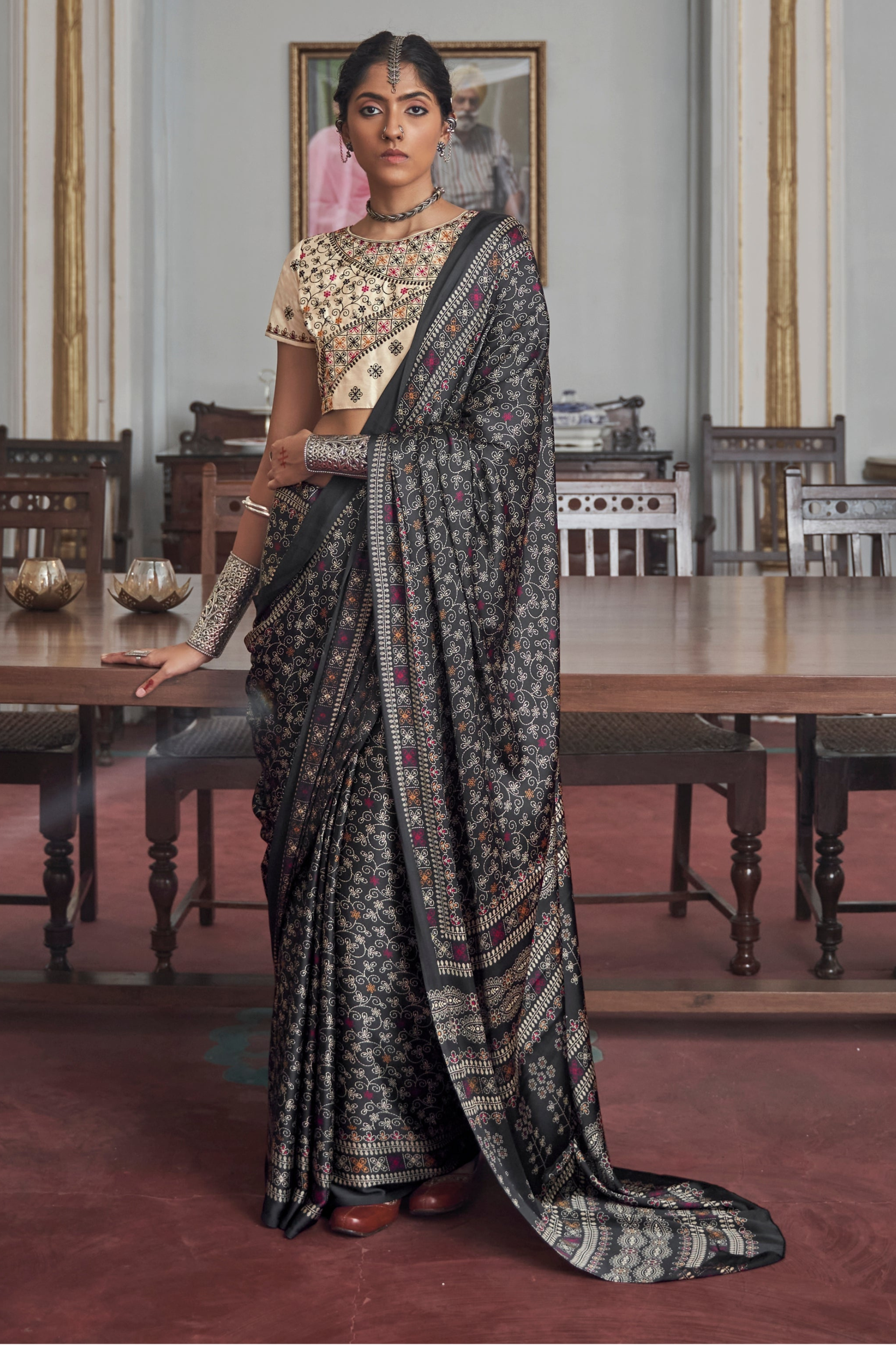 Black Gajji Silk Ajrakh Saree with Contrass embroidery blouse S106