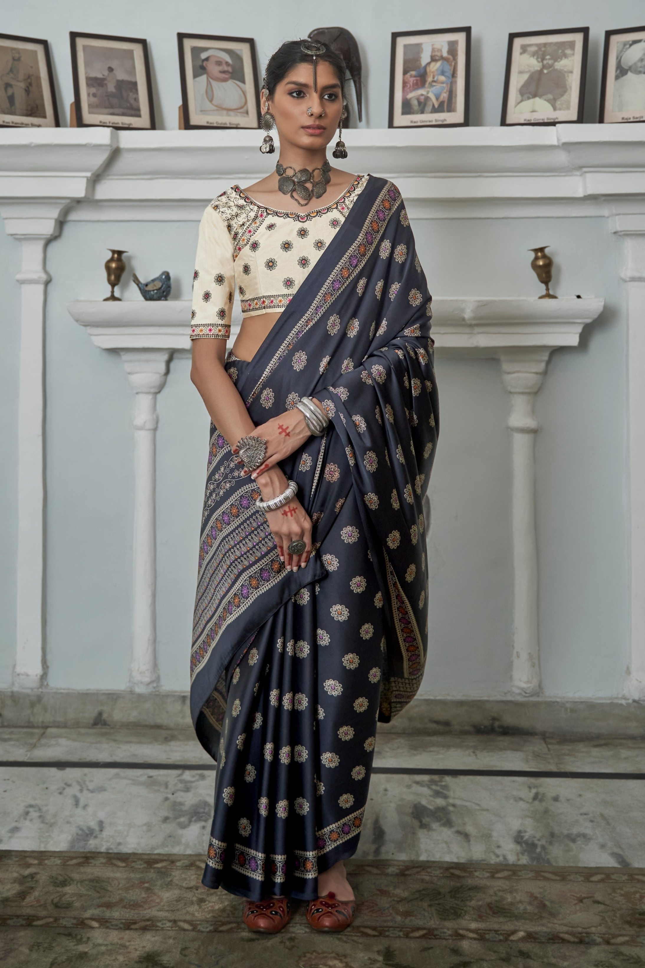 Black Gajji Silk Ajrakh Saree with Contrass embroidery blouse S105