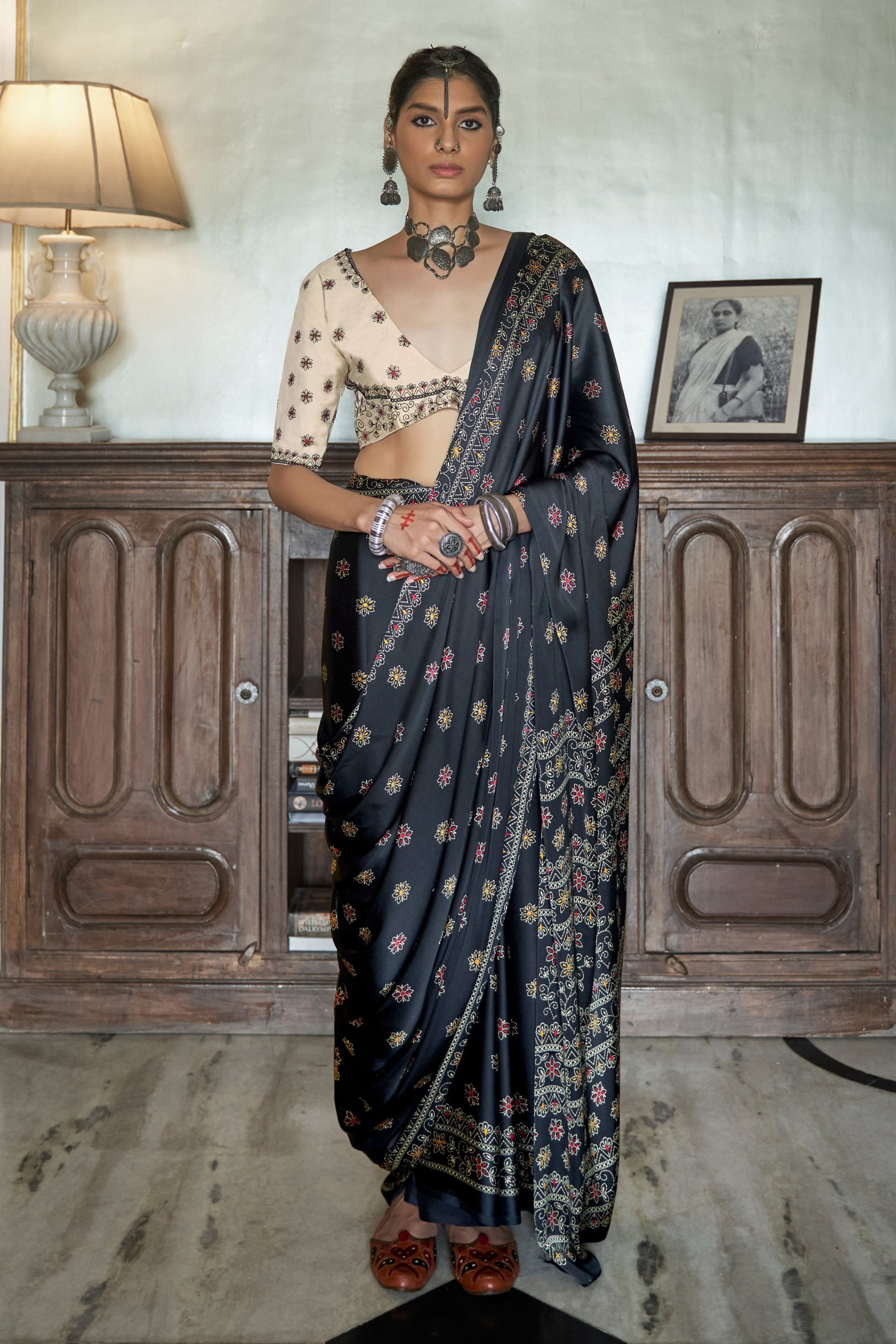 Black Gajji Silk Ajrakh Saree with Contrass embroidery blouse S102