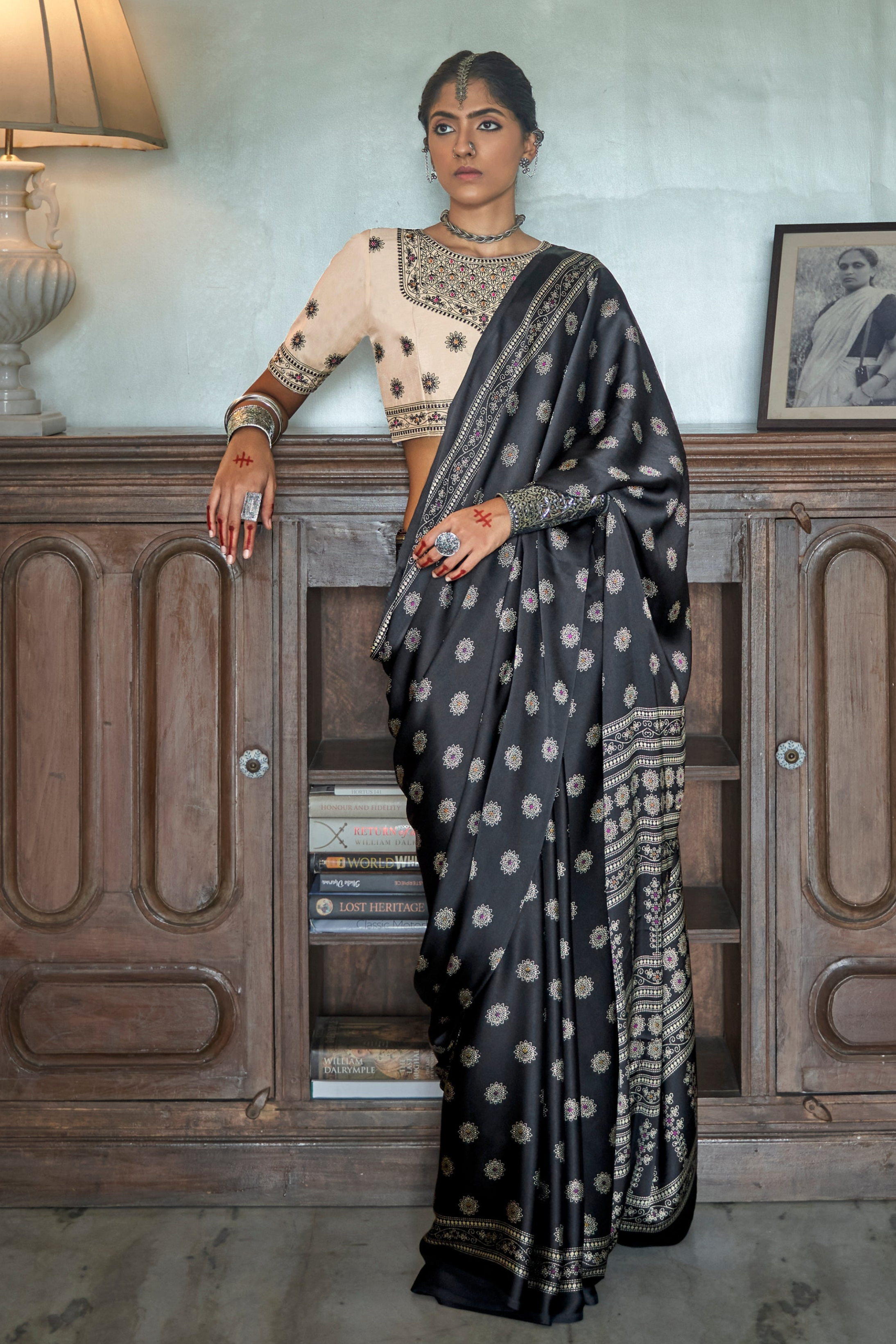 Black Gajji Silk Ajrakh Saree with Contrass embroidery blouse S101