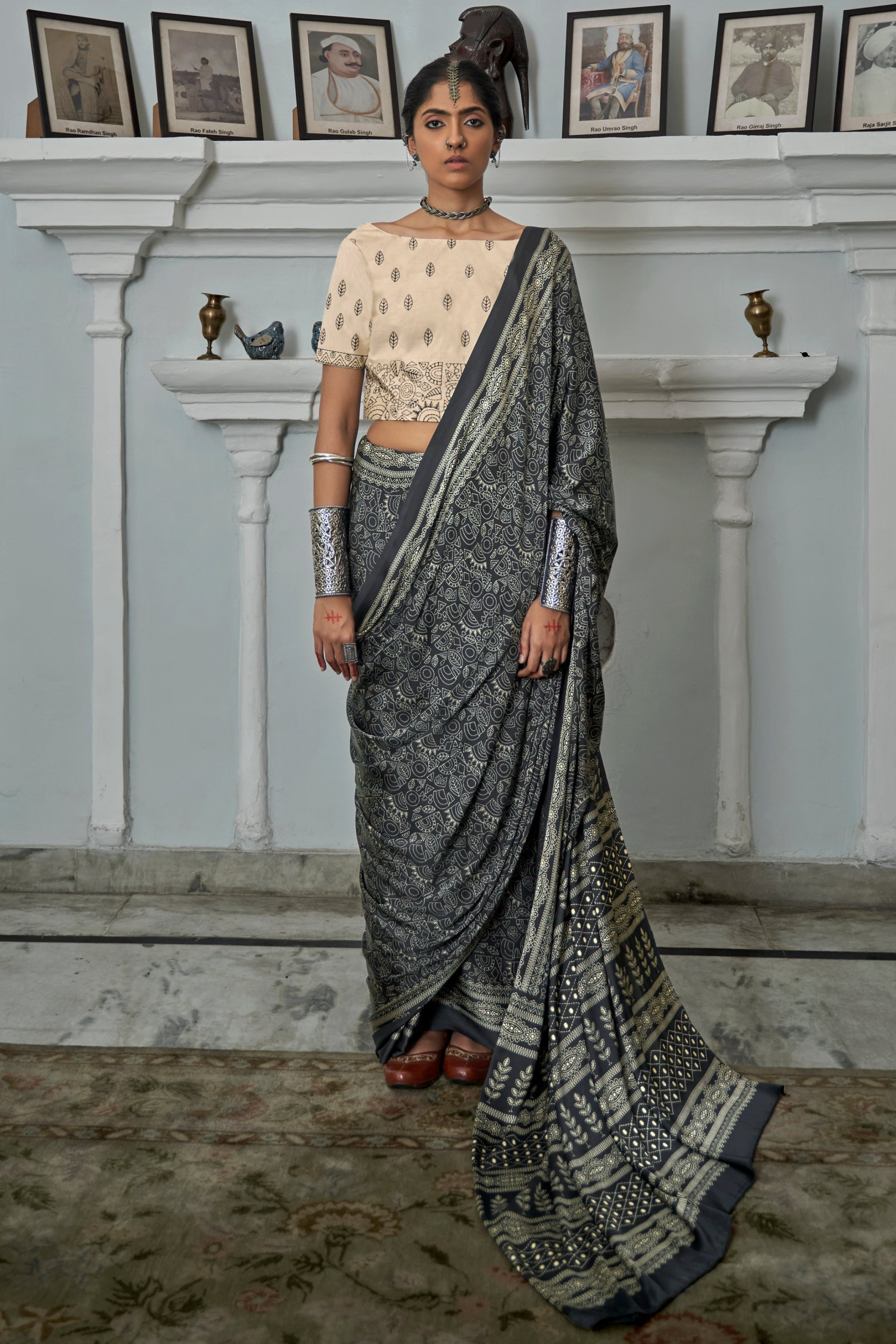 Black Gajji Silk Ajrakh Saree with Contrass embroidery blouse S103