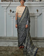 Black Gajji Silk Ajrakh Saree with Contrass embroidery blouse S103