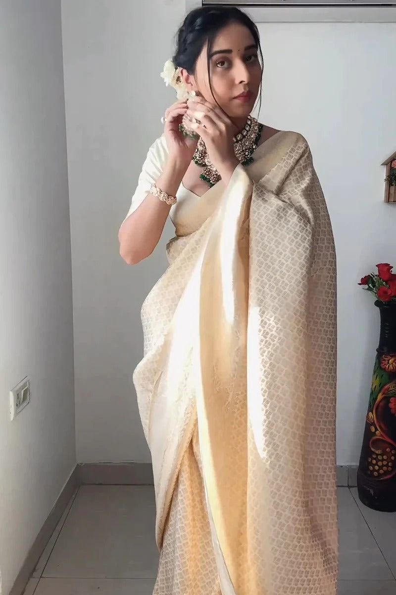 Lassitude 1-Minute Ready To Wear Beige Kanjivaram Silk Saree