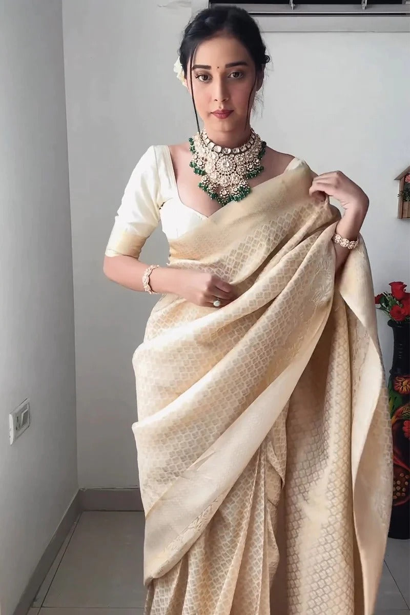 Lassitude 1-Minute Ready To Wear Beige Kanjivaram Silk Saree