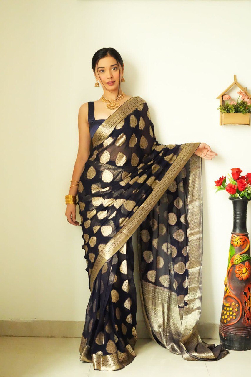 Attractive 1-Minute Ready To Wear Black Cotton Silk Saree