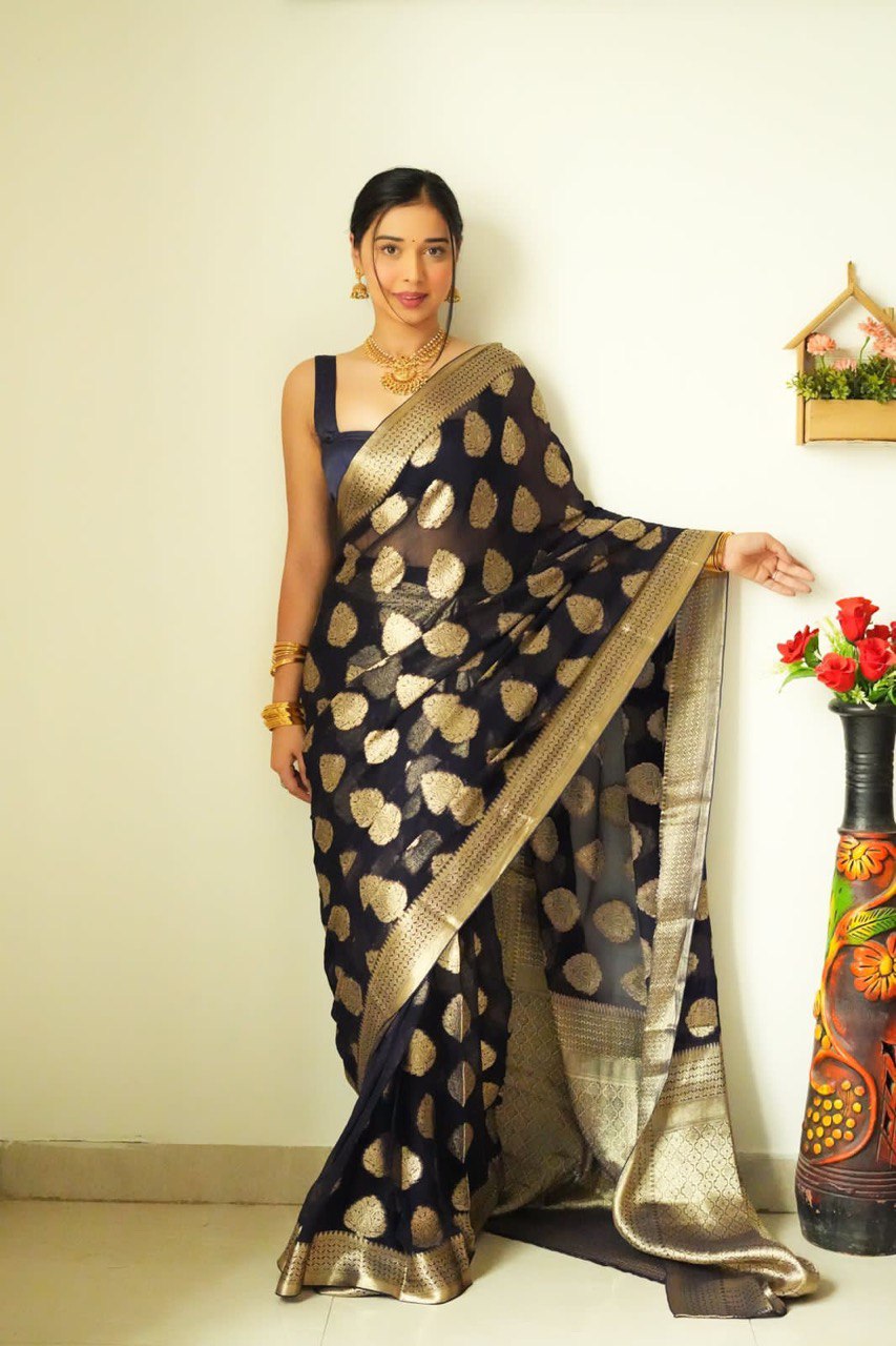 Attractive 1-Minute Ready To Wear Black Cotton Silk Saree