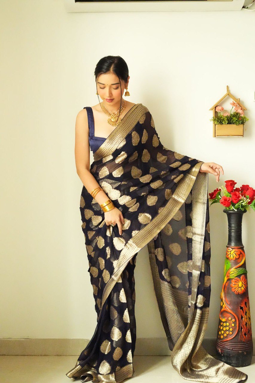 Attractive 1-Minute Ready To Wear Black Cotton Silk Saree