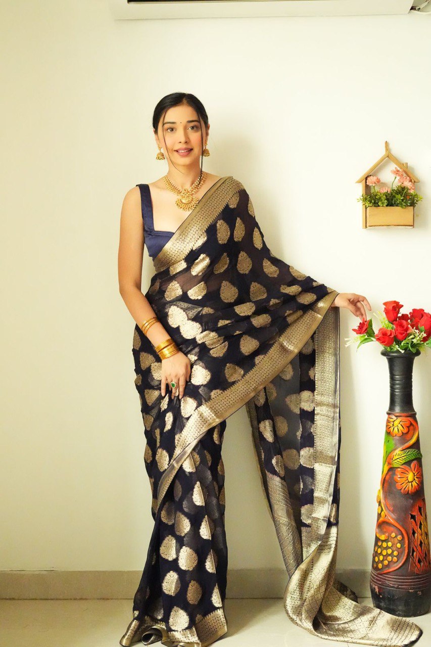 Attractive 1-Minute Ready To Wear Black Cotton Silk Saree