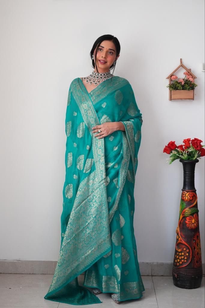 Radiant 1-Minute Ready To Wear Sea Green Cotton Silk Saree