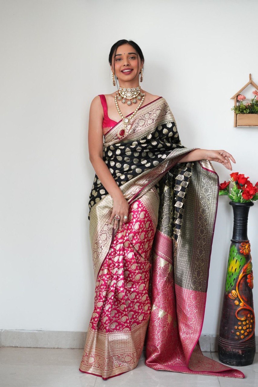 Engaging 1-Minute Ready To Wear Black Soft Silk Saree