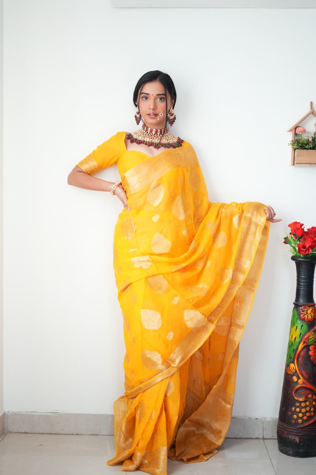 Hot 1-Minute Ready To Wear Yellow Cotton Silk Saree