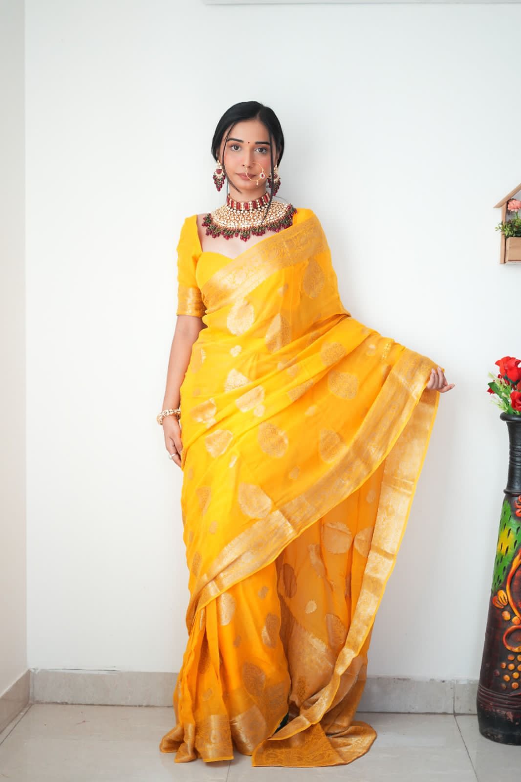 Hot 1-Minute Ready To Wear Yellow Cotton Silk Saree