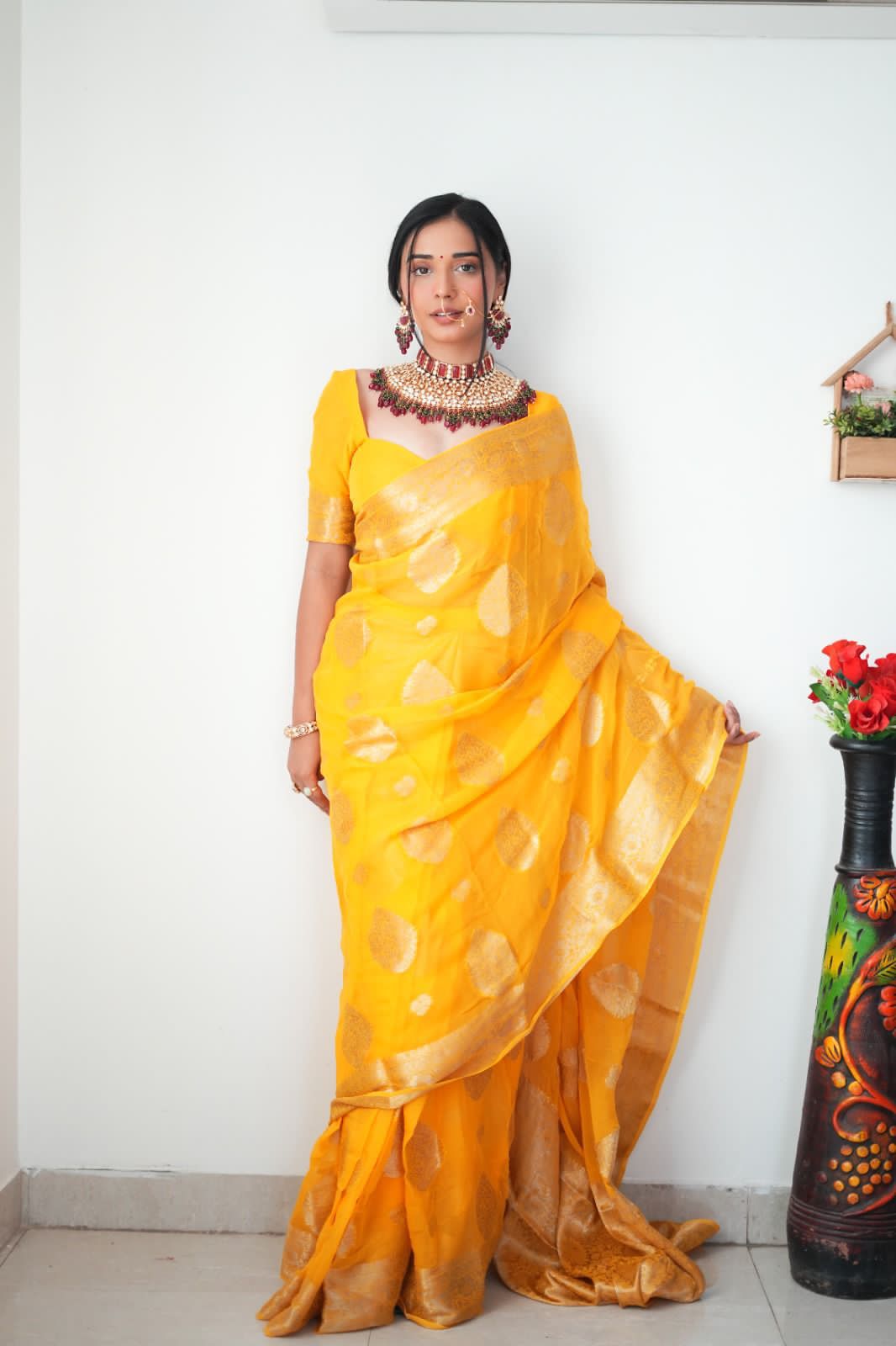 Hot 1-Minute Ready To Wear Yellow Cotton Silk Saree