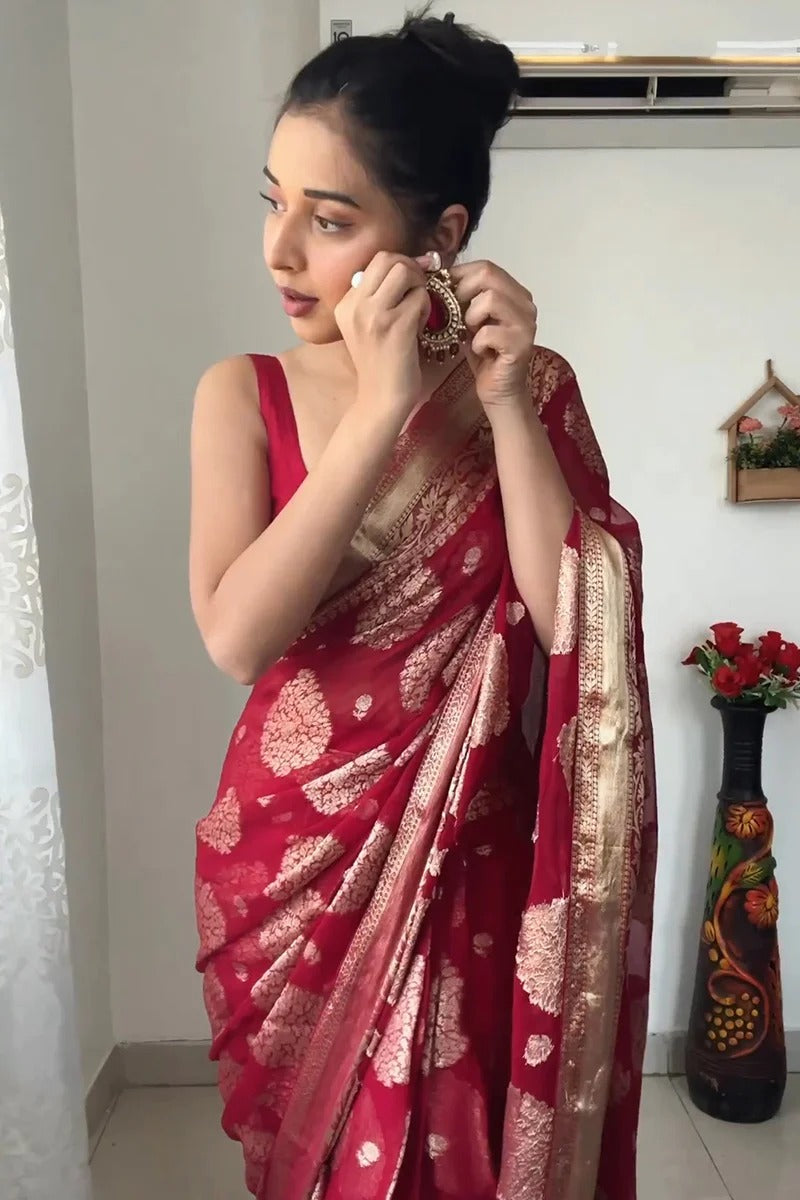 Beautiful 1-Minute Ready To Wear Red Cotton Silk Saree