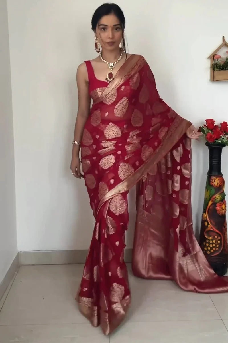 Beautiful 1-Minute Ready To Wear Red Cotton Silk Saree