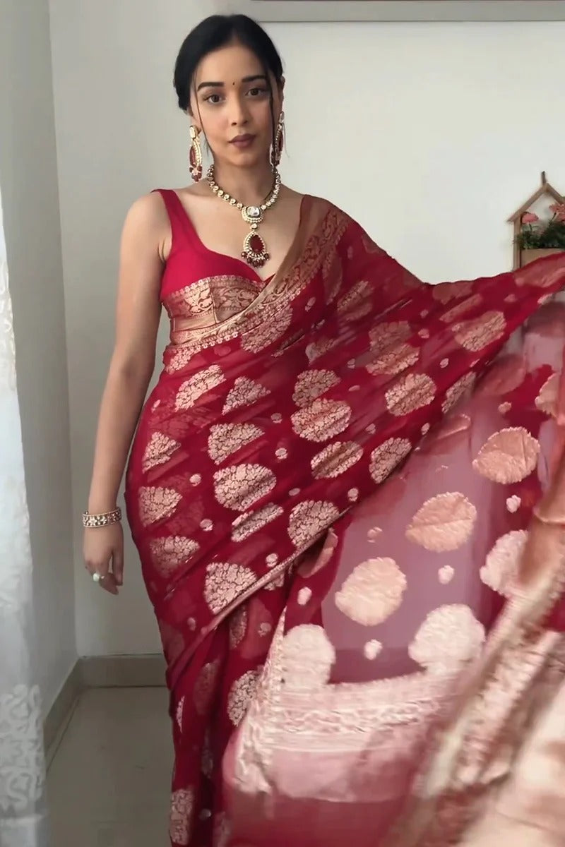 Beautiful 1-Minute Ready To Wear Red Cotton Silk Saree