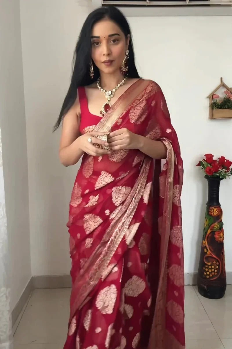 Beautiful 1-Minute Ready To Wear Red Cotton Silk Saree