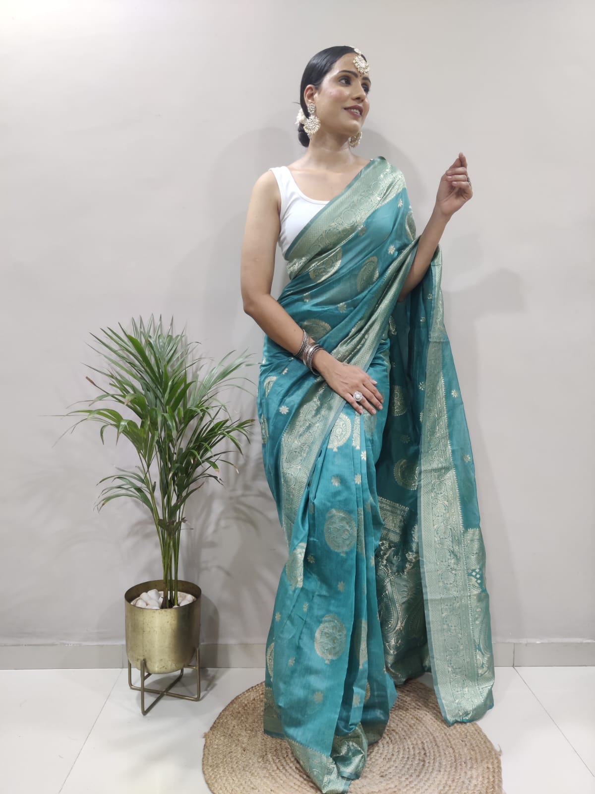 Dalliance 1-Minute Ready To Wear Sea Green Cotton Silk Saree