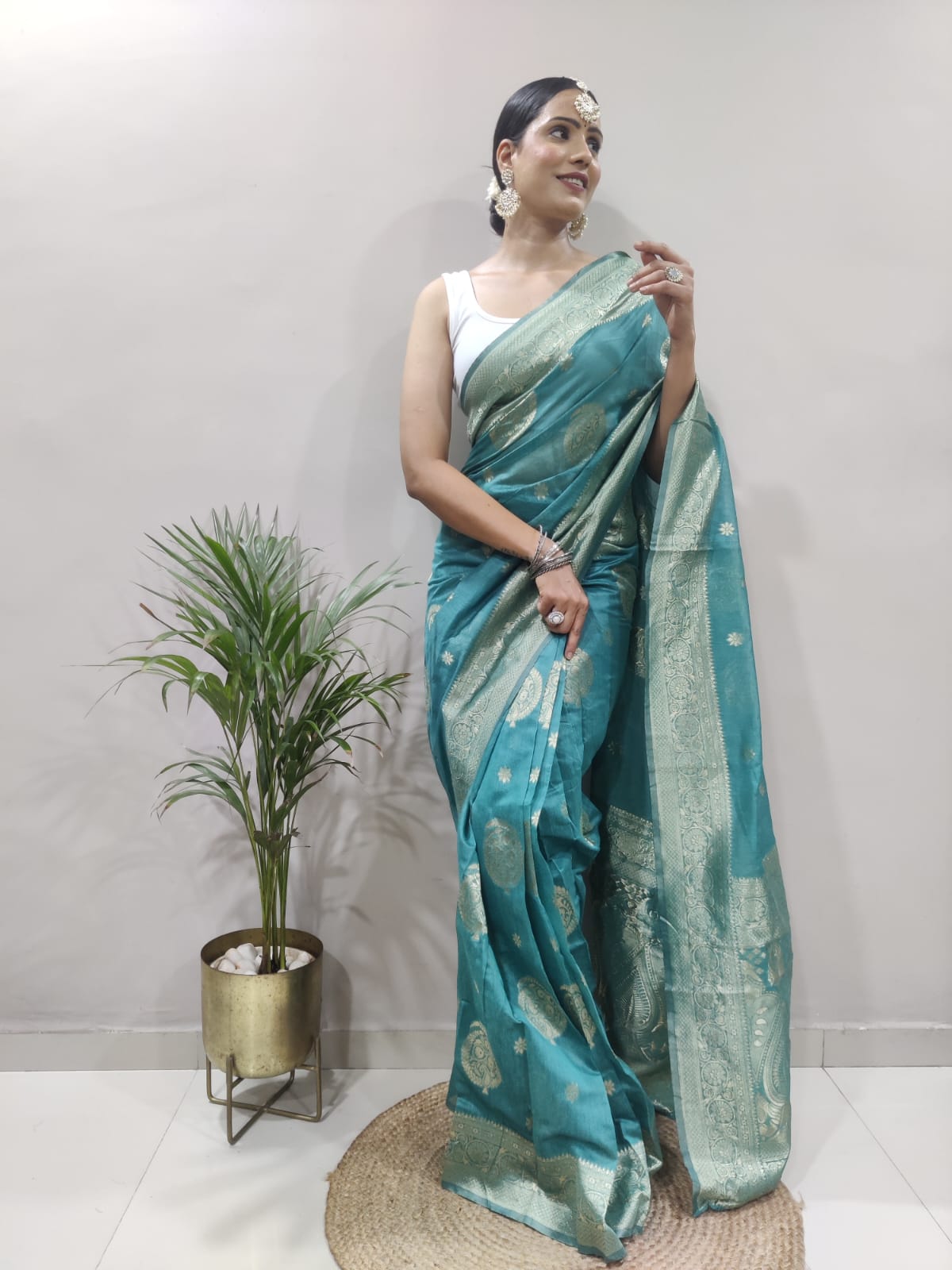 Dalliance 1-Minute Ready To Wear Sea Green Cotton Silk Saree