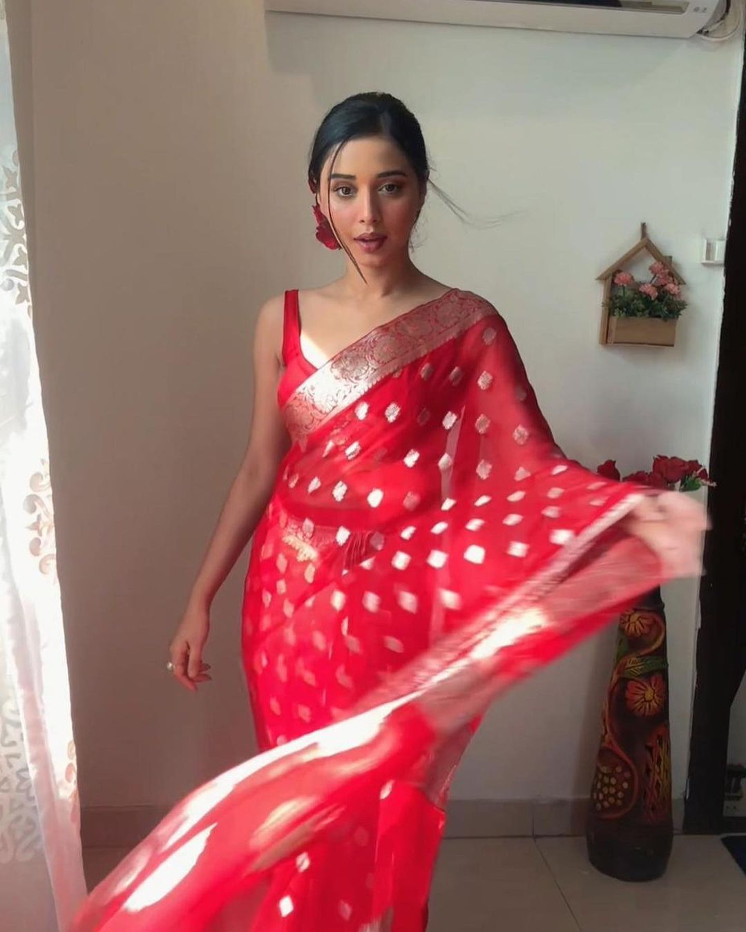 Alluring 1-Minute Ready To Wear Red Cotton Silk Saree