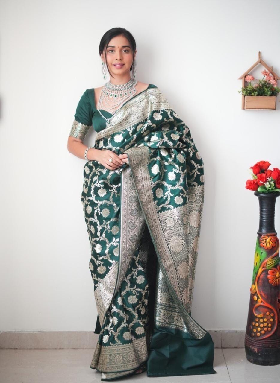 Charming 1-Minute Ready To Wear Green Soft Silk Saree