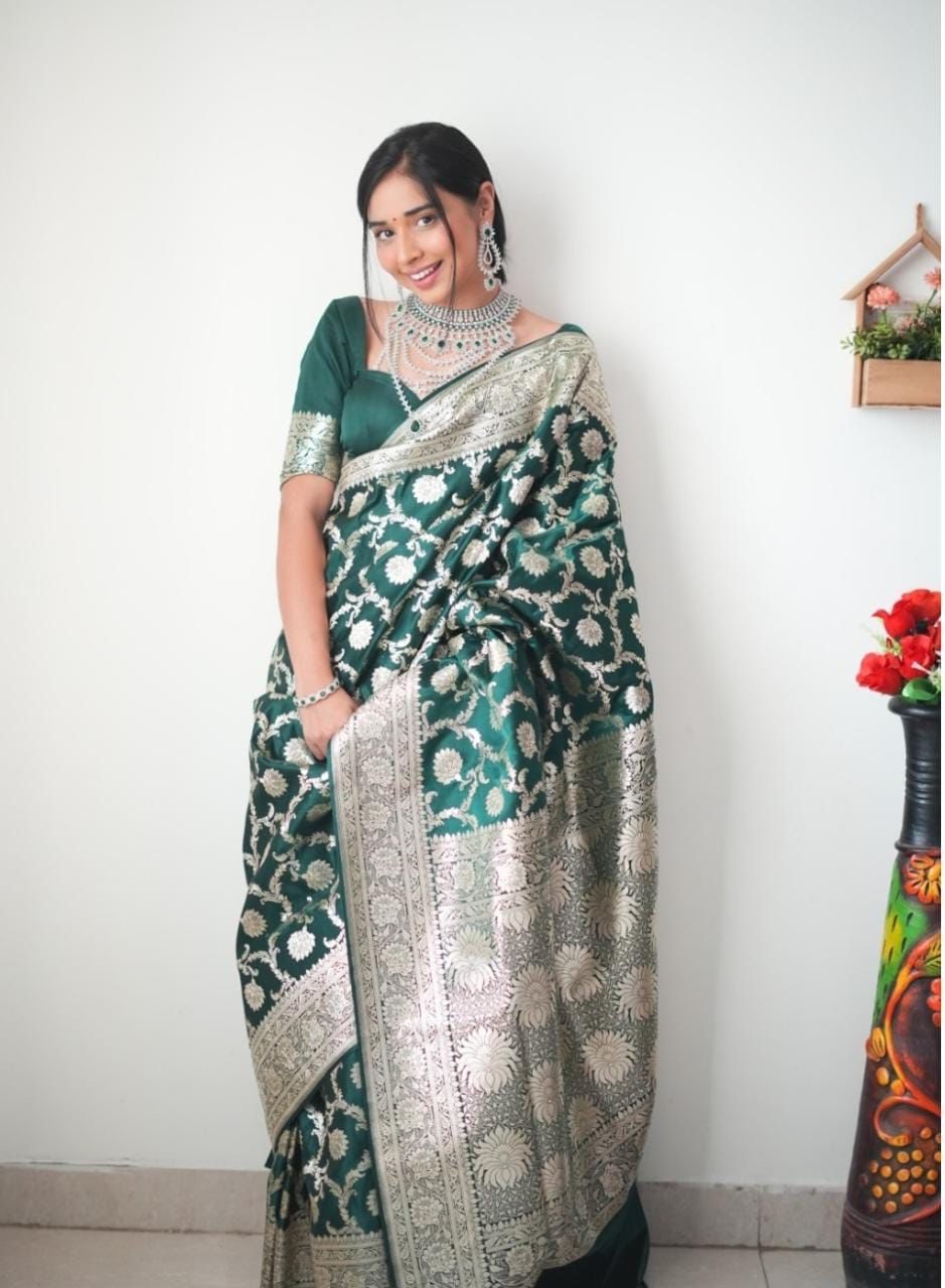 Charming 1-Minute Ready To Wear Green Soft Silk Saree