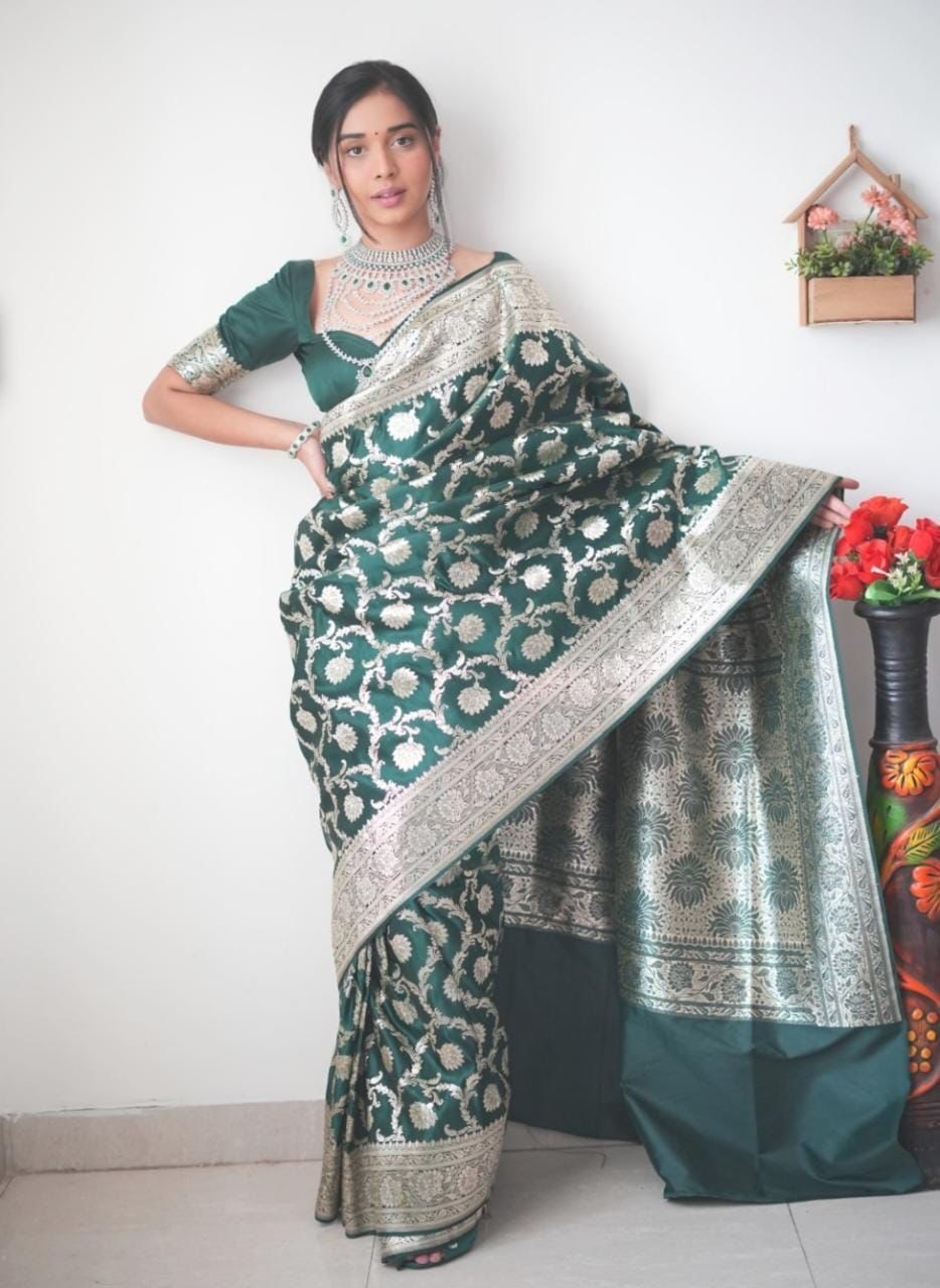 Charming 1-Minute Ready To Wear Green Soft Silk Saree