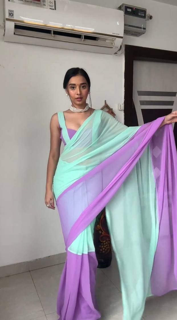 Beautify 1-Minute Ready To Wear Firozi And Purple Georgette Saree