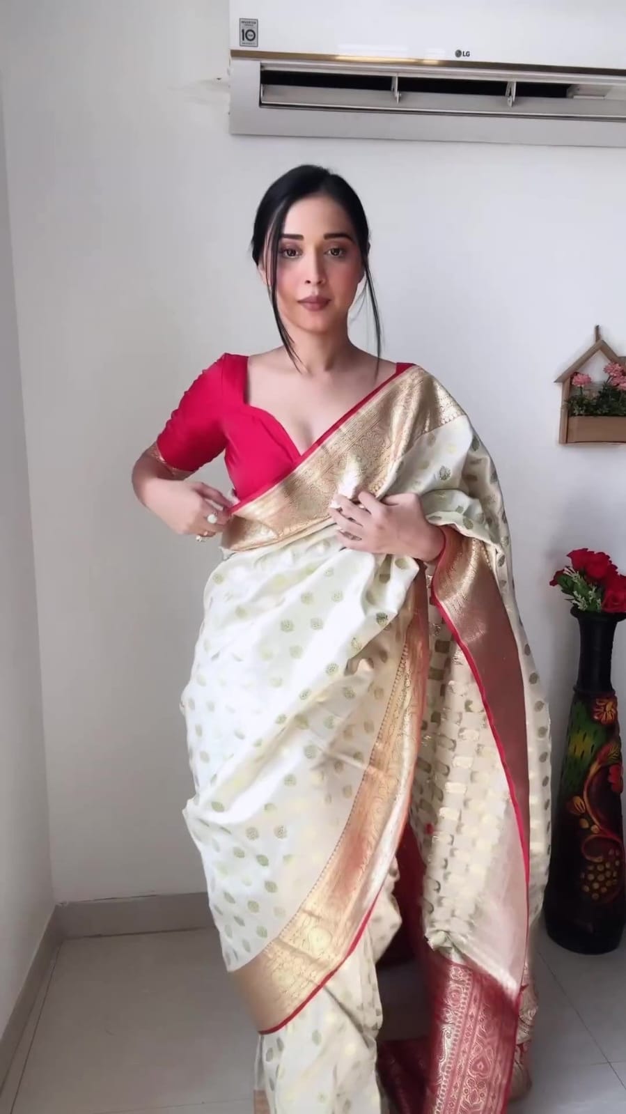 Charming 1-Minute Ready To Wear Beige Soft Silk Saree