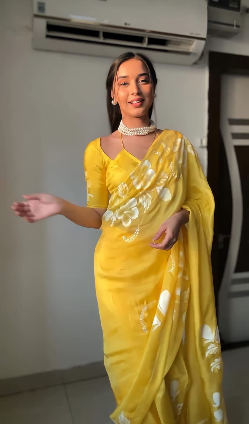 Brilliant 1-Minute Ready To Wear Yellow Georgette Saree