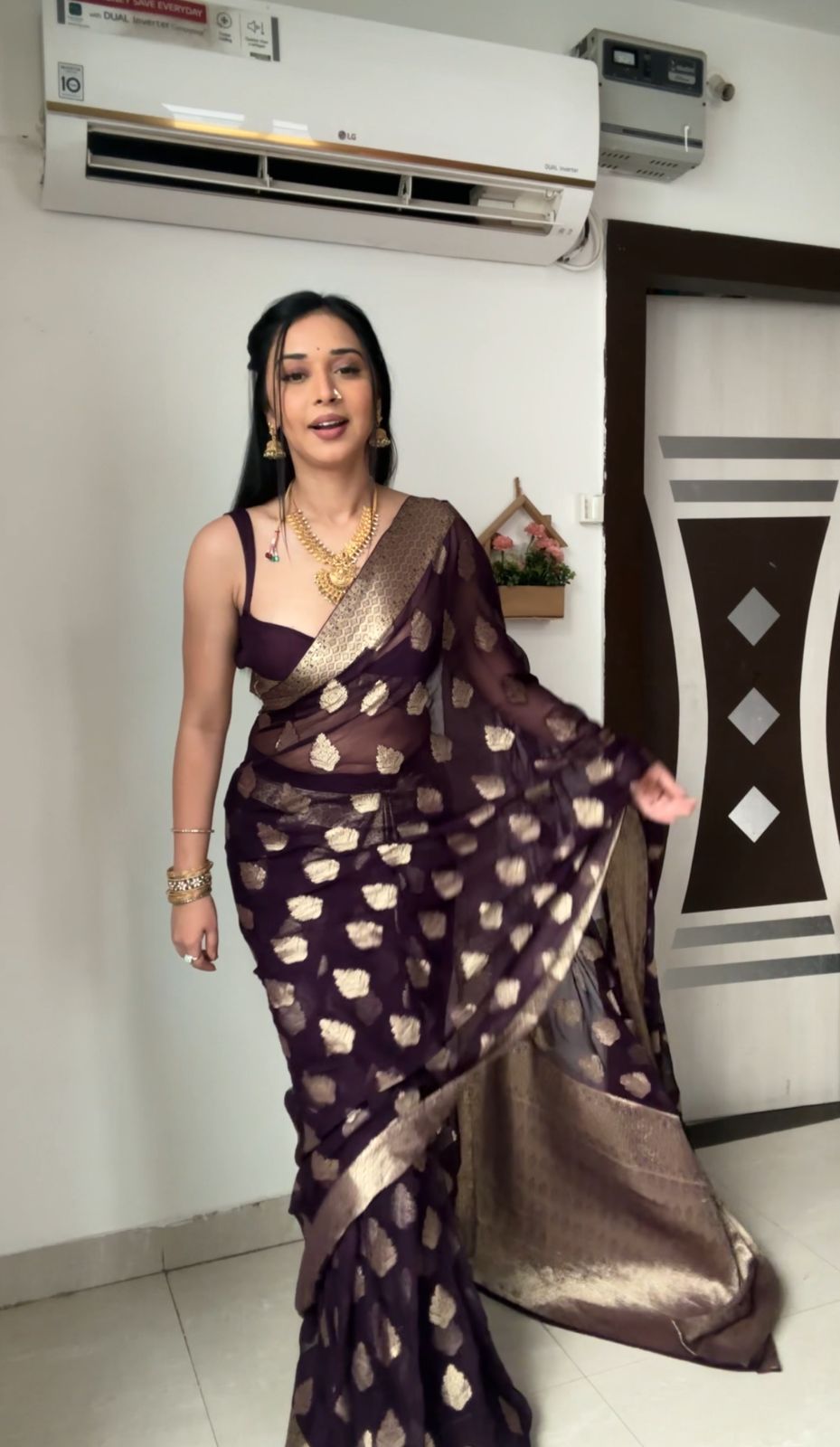 Attract 1-Minute Ready To Wear Dark Purple Cotton Silk Saree