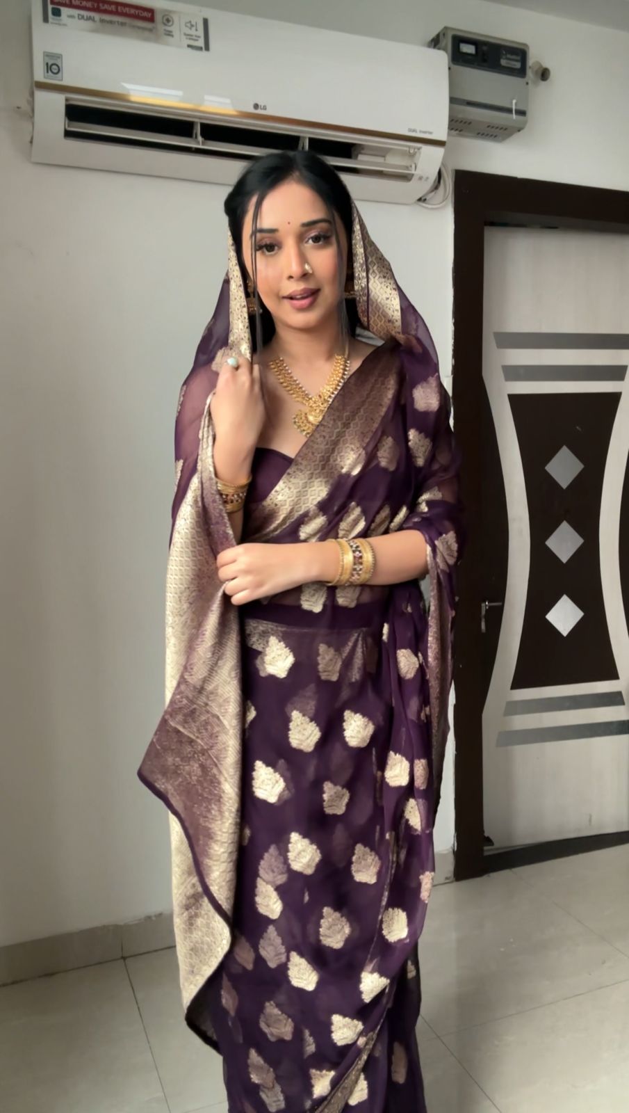 Attract 1-Minute Ready To Wear Dark Purple Cotton Silk Saree