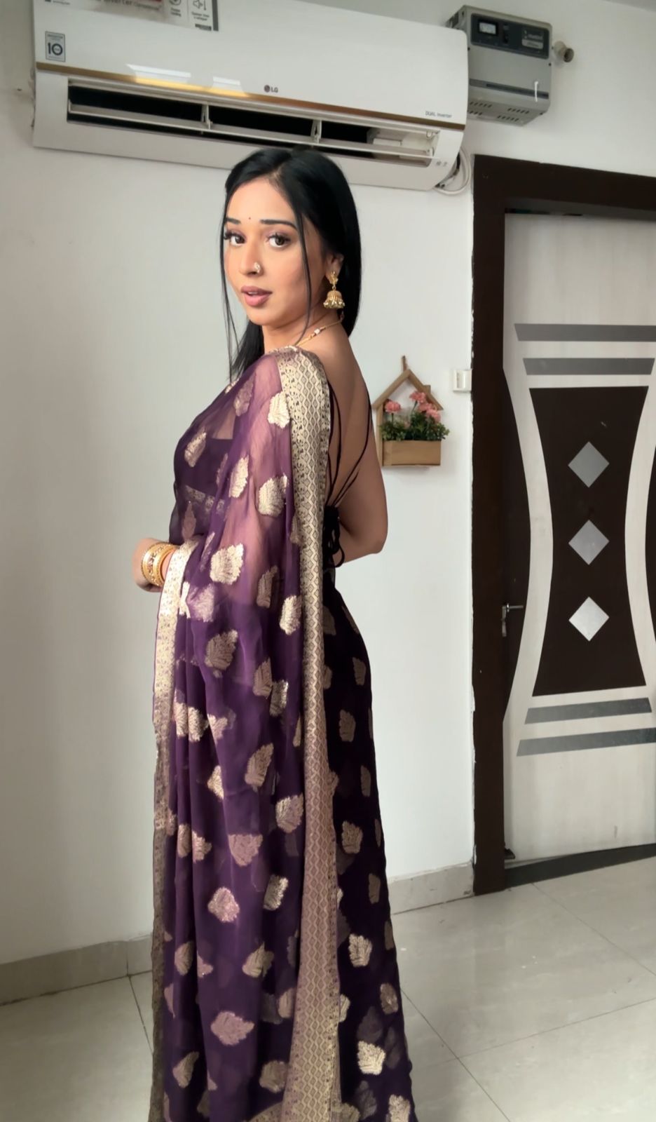 Attract 1-Minute Ready To Wear Dark Purple Cotton Silk Saree