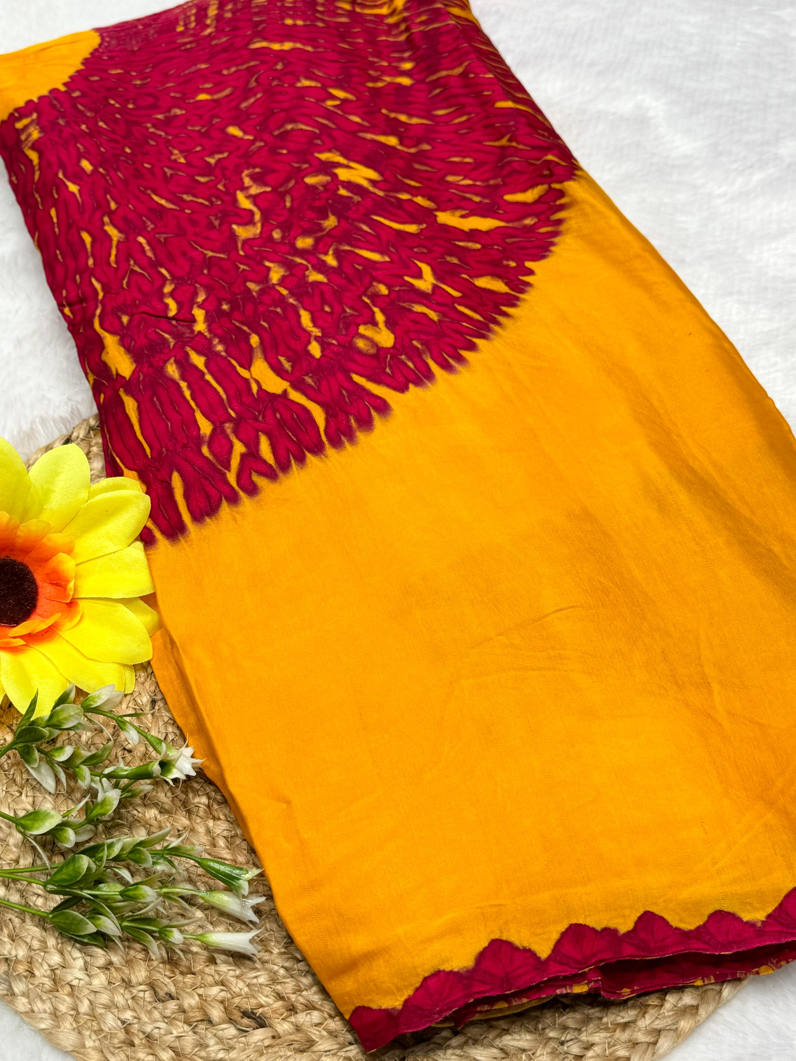 Mustard Shibori Bandhni Border Pure Modal Silk Plain Saree